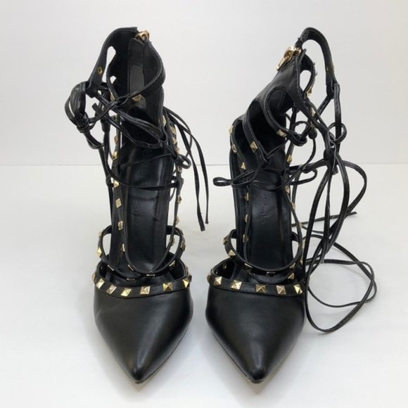 Wild Diva Black Gold Studded Leg Wrap Heels, 7 - Picture 4 of 10